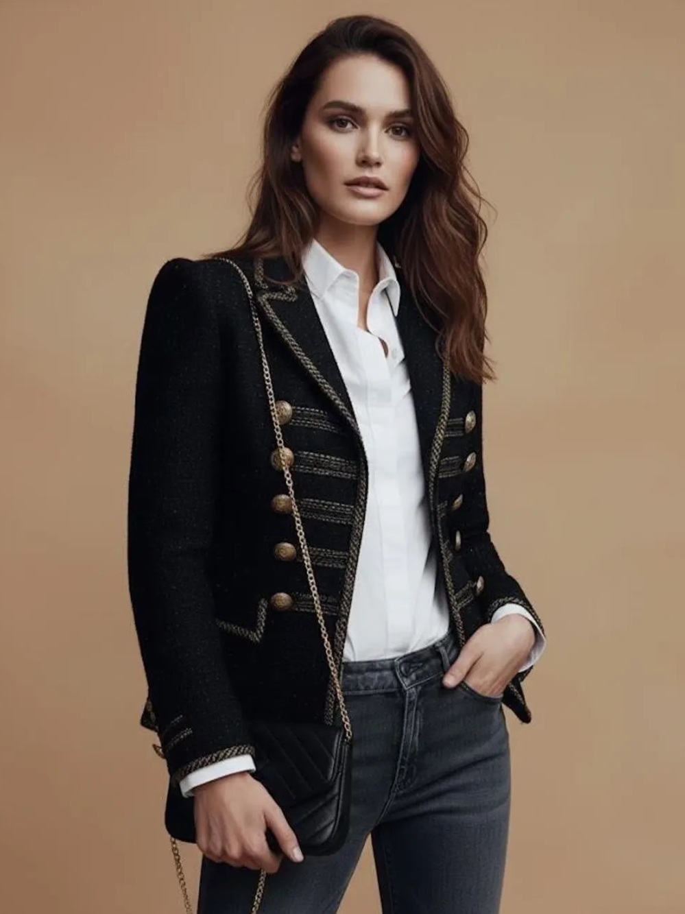 Office Chic Women's black Military-Style metal Button Jacket tweed blazer Sz L
